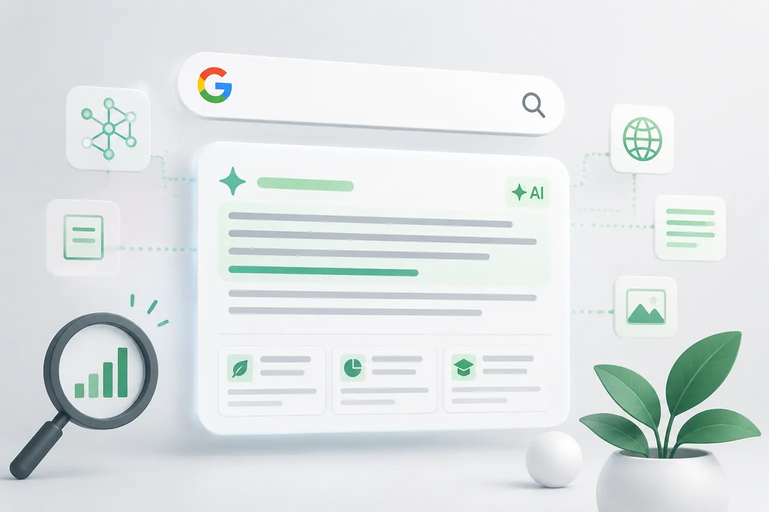 Google search interface with AI-powered results and data icons.