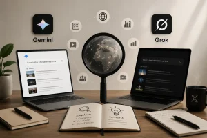 Two laptops labeled "Gemini" and "Grok" show real-time search results on a desk with a magnifying glass over a glowing globe, surrounded by icons for data, video, and analytics.