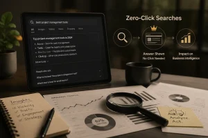 Zero-click search analytics dashboard showing AI search results and traffic insights.