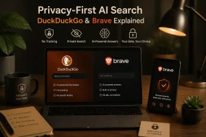 Privacy-first AI search comparison featuring DuckDuckGo and Brave on laptop and mobile devices.