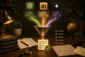 Warm cinematic study scene with AI data streams funneling into a validated result, surrounded by books, notes, and analytical tools.