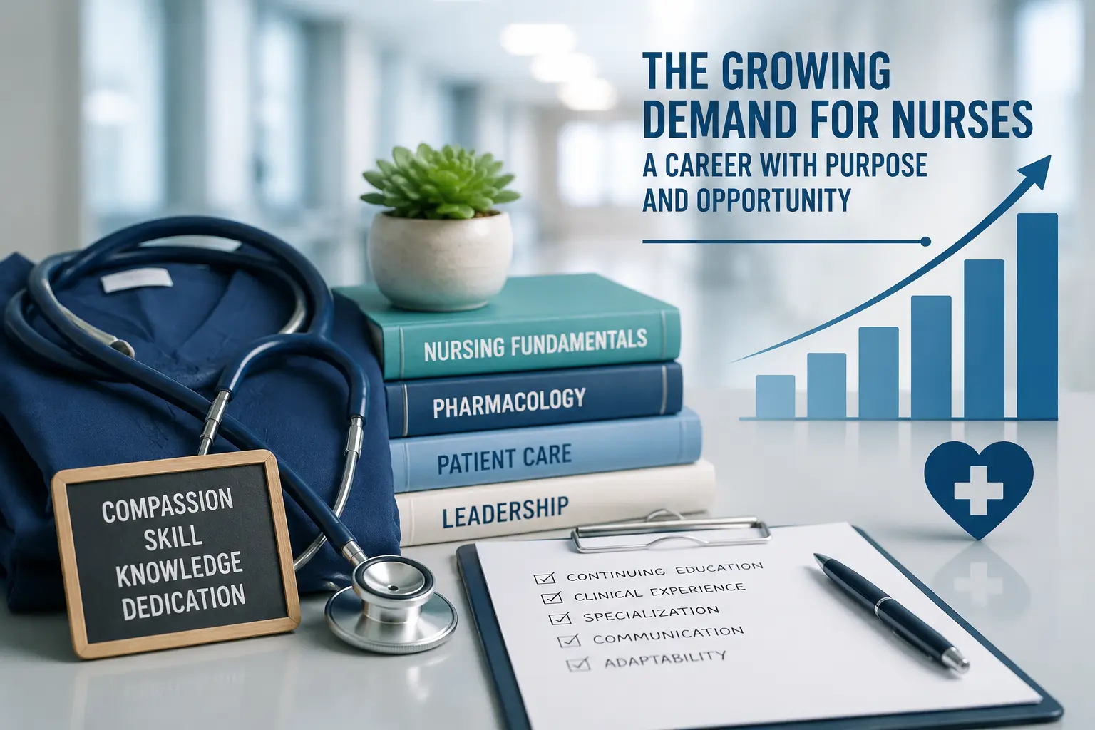 Close-up of nursing essentials with books, stethoscope, clipboard, and upward growth chart, symbolizing the rising demand for nurses.