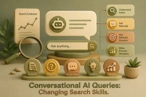 3D illustration of conversational AI search with chatbot icons, search elements, and smart query workflow in warm earthy tones.