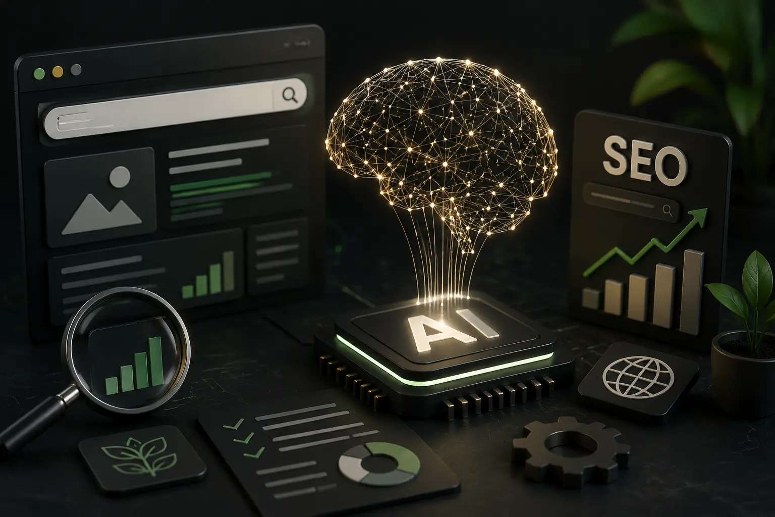 AI-powered SEO optimization dashboard with search analytics, growth charts, and a digital AI brain visualizing intelligent search marketing.