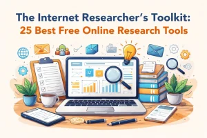 Header graphic for "The Internet Researcher's Toolkit: 25 Best Free Online Research Tools," with a laptop, books, and research icons.