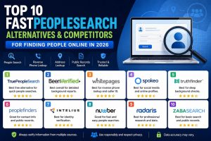 Top 10 FastPeopleSearch alternatives and competitors for finding people online in 2026, featuring TruePeopleSearch, BeenVerified, Whitepages, Spokeo, TruthFinder, PeopleFinders, Intelius, Nuwber, Radaris, and ZabaSearch.