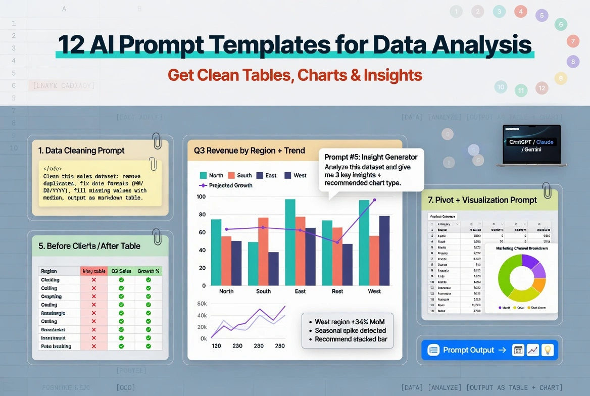 A visual showing 12 AI prompt templates for data analysis, featuring clean tables, charts, and insights.