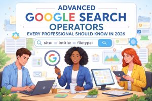 Three professionals use a laptop, tablet, and desktop while learning advanced Google search operators, with a large search bar and Google logo above them.