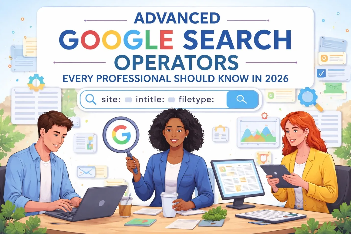 Three professionals use a laptop, tablet, and desktop while learning advanced Google search operators, with a large search bar and Google logo above them.