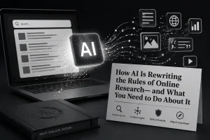 3D illustration of AI-powered online research with a laptop, glowing AI chip, and data streams connecting to digital icons.