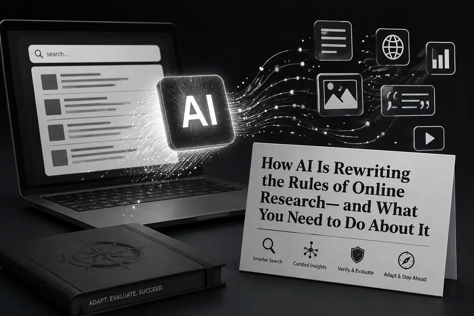 3D illustration of AI-powered online research with a laptop, glowing AI chip, and data streams connecting to digital icons.