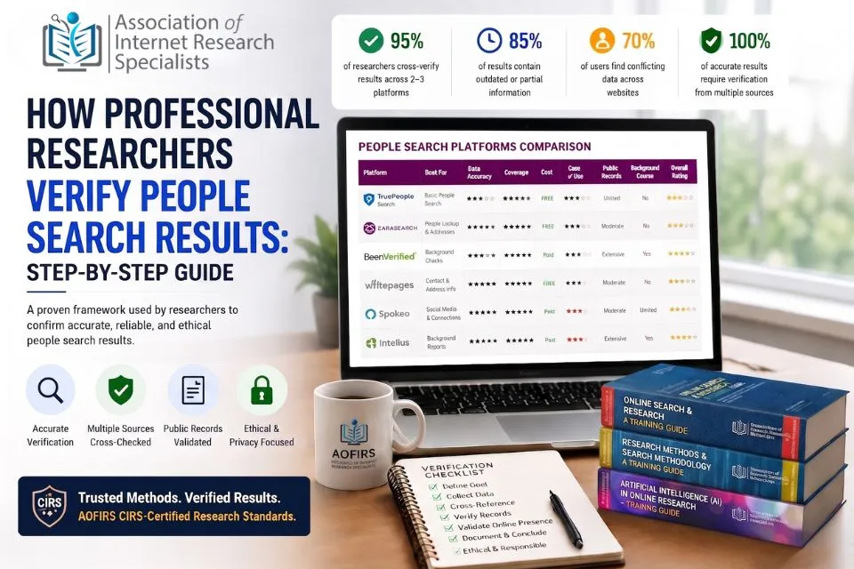 Learn the expert workflow for verifying people search results with multiple platforms, public records, social media, and ethical practices. Includes real-world examples, statistics, and AOFIRS trust guidance.