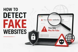 Infographic showing how to detect fake websites using a laptop, magnifying glass highlighting a suspicious URL, and warning symbols.