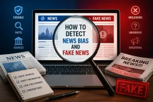 Laptop infographic showing how to detect fake news and news bias.