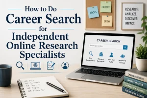 Professional infographic titled “How to Do Career Search for Independent Online Research Specialists,” showing a desk setup with a laptop displaying job search UI, notebooks, and motivational workspace elements.