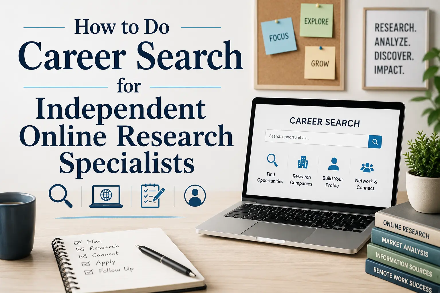 Professional infographic titled “How to Do Career Search for Independent Online Research Specialists,” showing a desk setup with a laptop displaying job search UI, notebooks, and motivational workspace elements.