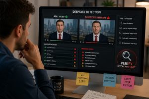 Investigator analyzing a video for deepfake detection using AI tools, metadata forensics, OSINT verification, and reverse video search techniques in 2026
