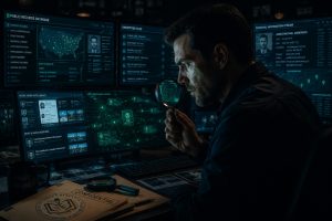 Professional background verification process showing public records search, identity checks, OSINT analysis, and legal compliance for private and public information.