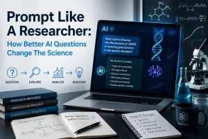 Futuristic AI research workspace with laptop showing DNA and molecular graphics, lab equipment, and notebooks with science notes.