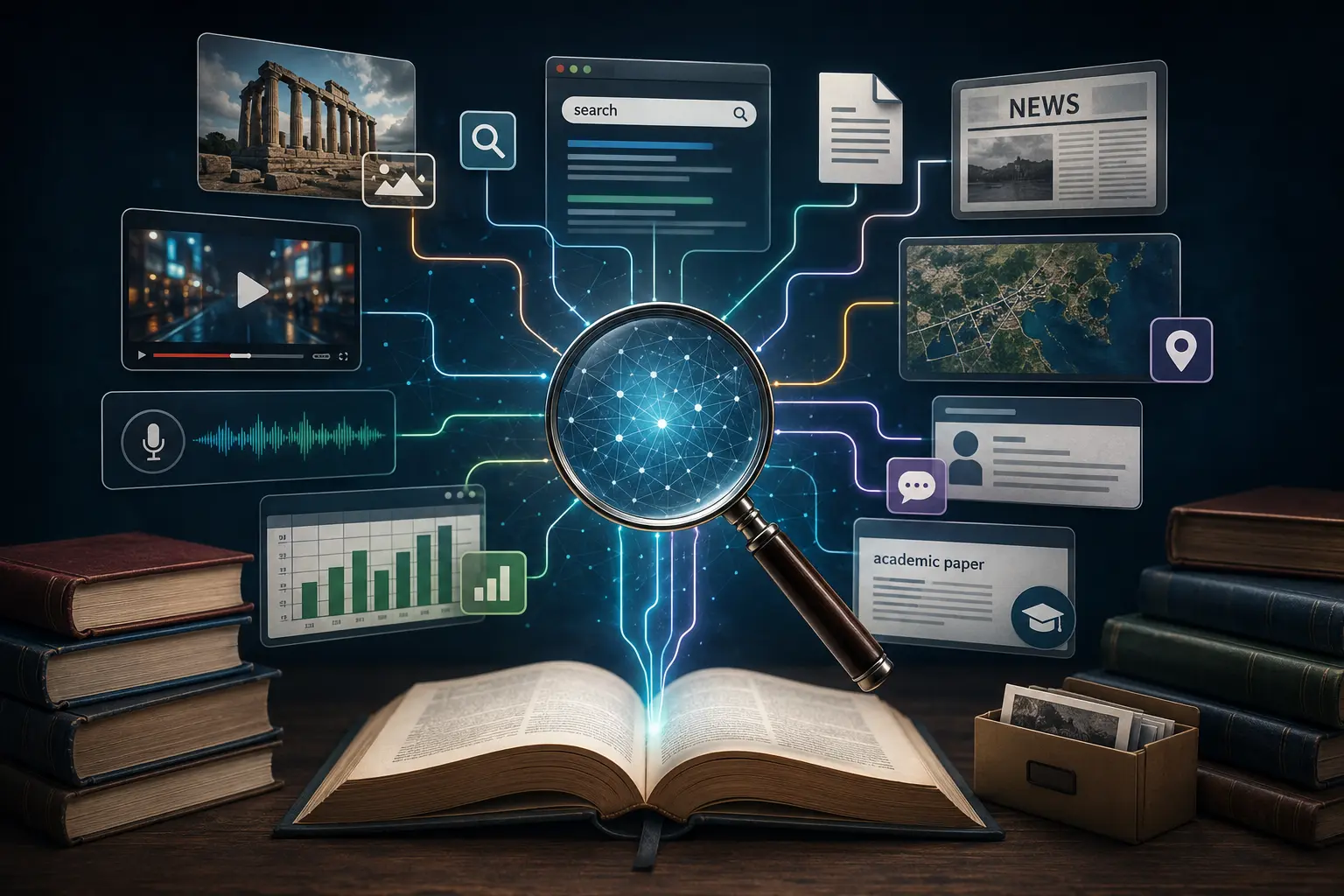 Conceptual illustration of multimodal online research with a glowing magnifying glass linking books, documents, videos, maps, audio, and data sources
