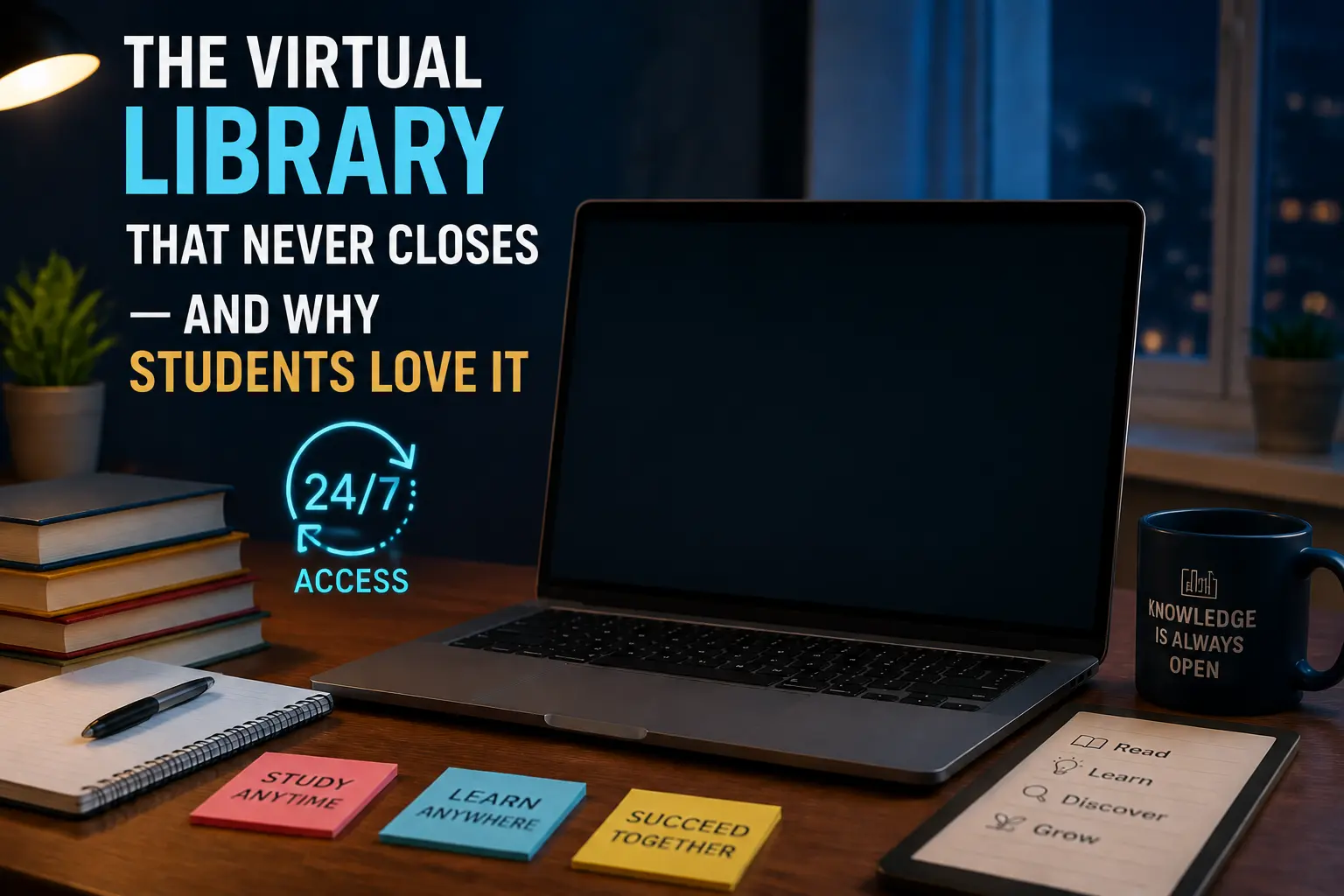 Modern study desk with laptop and books, highlighting a virtual library concept with 24/7 access.