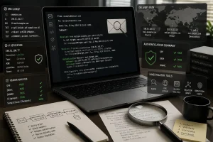 Cybersecurity workspace showing laptop with email header analysis, investigation tools, and authentication results on a dark desk.