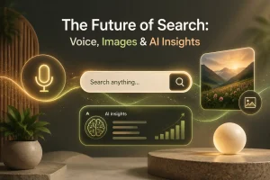 Futuristic search interface with glowing voice, image, and AI insight icons, featuring a search bar and modern design elements.