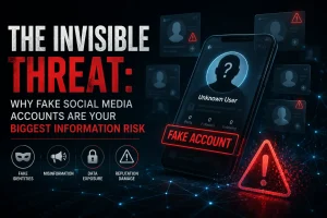 Dark-themed infographic warning about fake social media accounts as an invisible information threat.