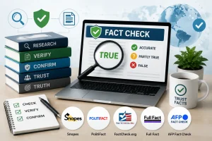 Fact-checking workspace with laptop showing verification results, books labeled research and verify, and trusted fact-checking platforms.