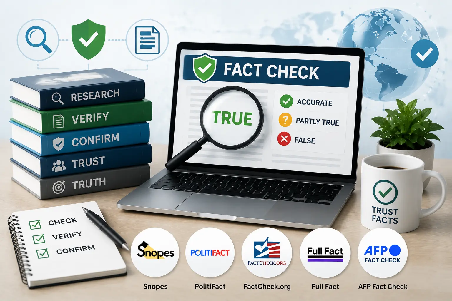 Fact-checking workspace with laptop showing verification results, books labeled research and verify, and trusted fact-checking platforms.