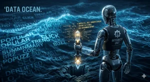 Robot holding a glowing data crystal in a digital ocean landscape.