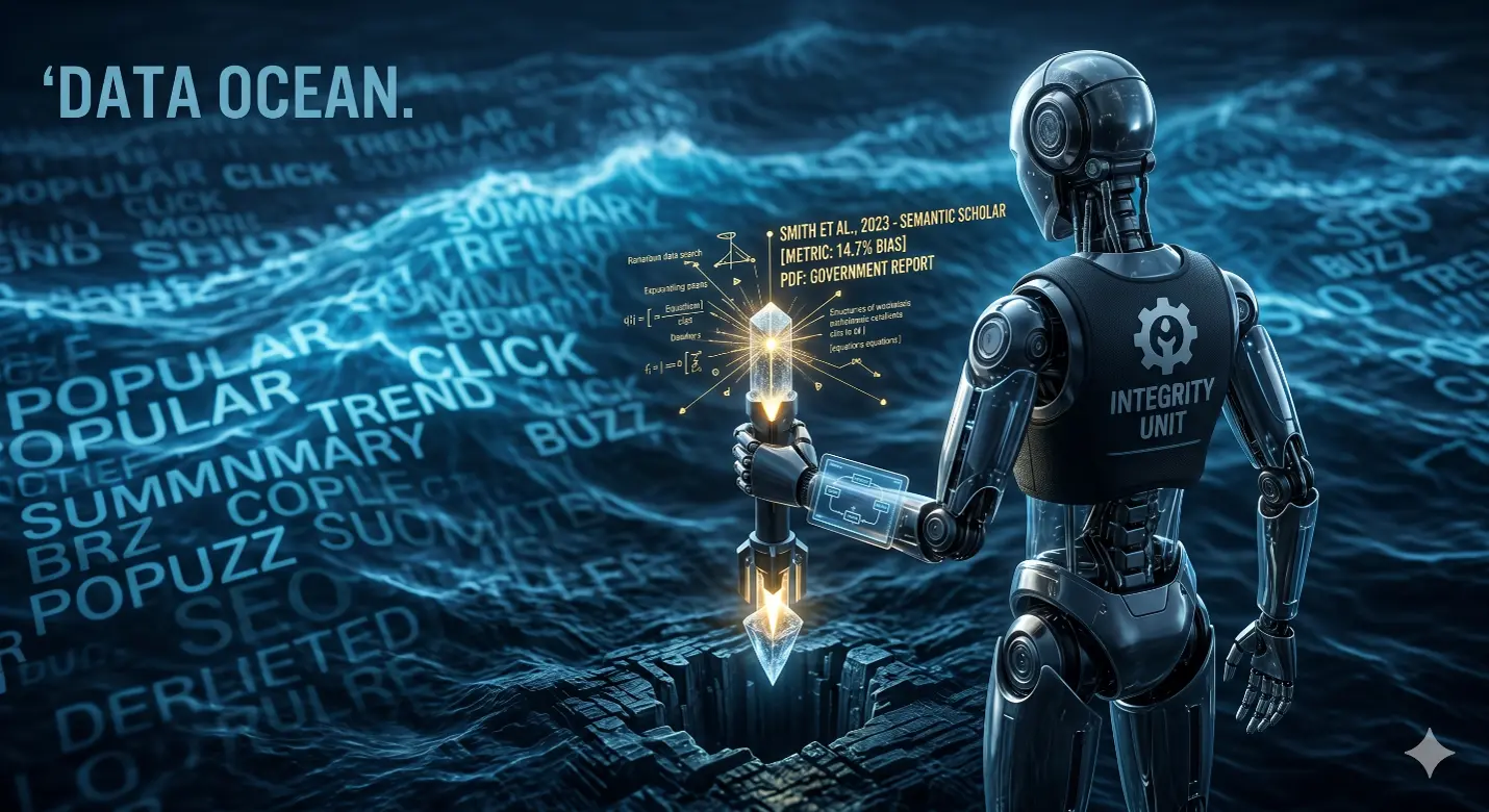 Robot holding a glowing data crystal in a digital ocean landscape.