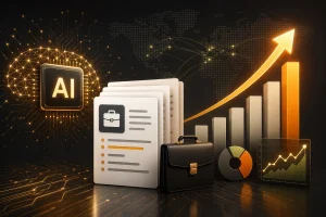 AI-powered job growth illustrated with resumes, charts, and a rising graph.