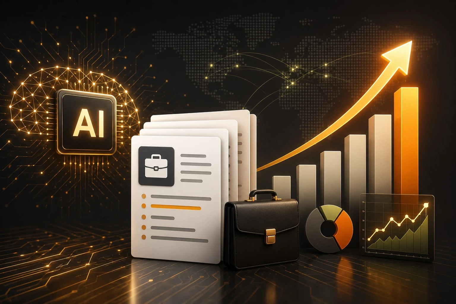 AI-powered job growth illustrated with resumes, charts, and a rising graph.