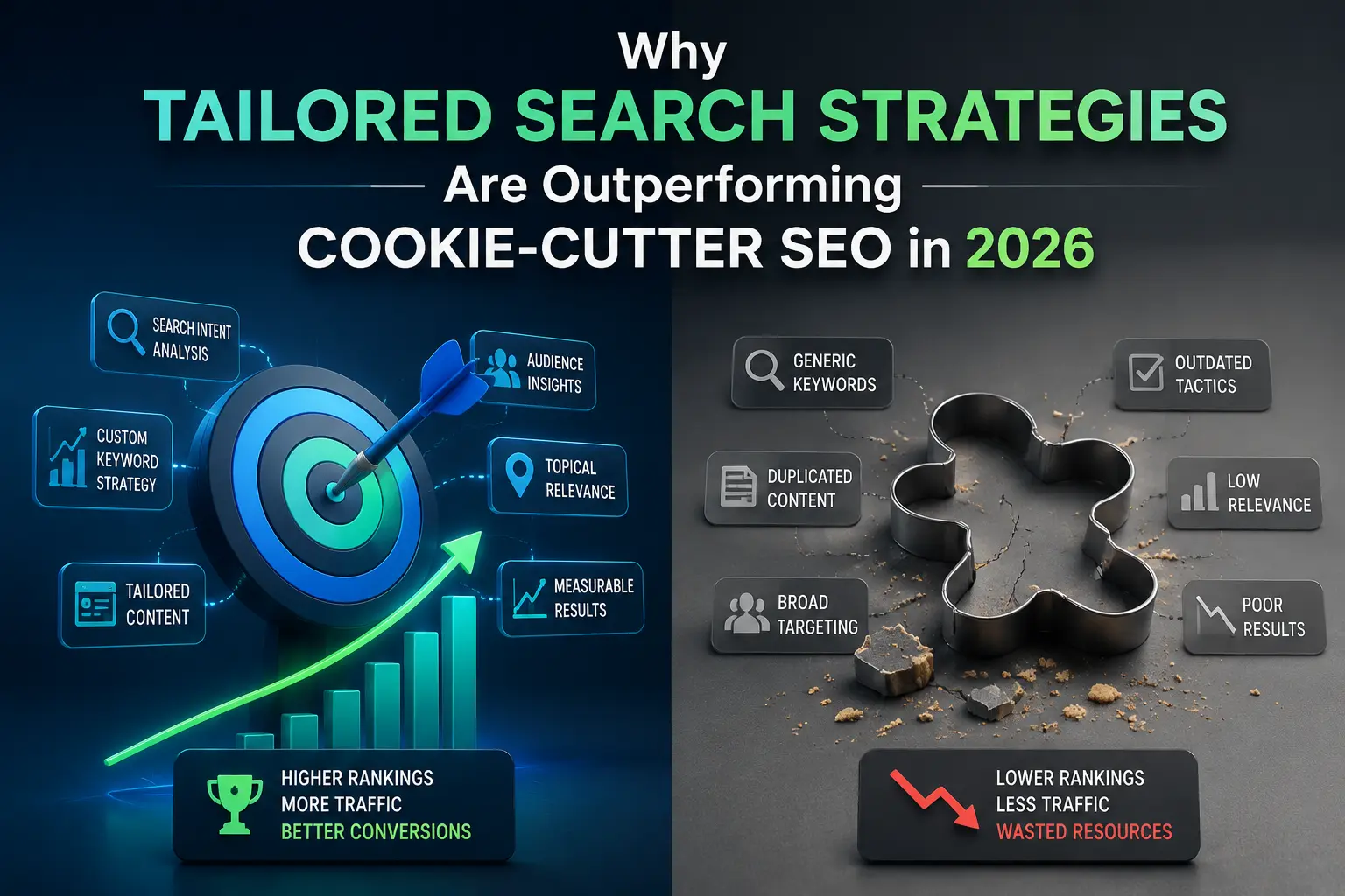 Split-screen SEO infographic comparing tailored search strategies with cookie-cutter SEO performance in 2026.