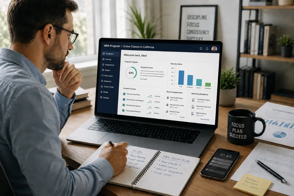 Working professional studying through an online MBA program in California while managing work tasks and study