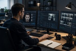 Internet researcher analyzing multiple screens to verify deepfake video using OSINT and digital forensics tools