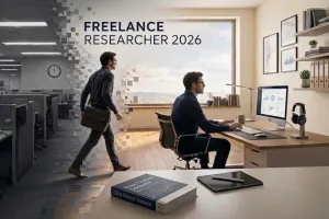 Freelance researcher using online research tools and AI technology to analyze information and create evidence-based insights