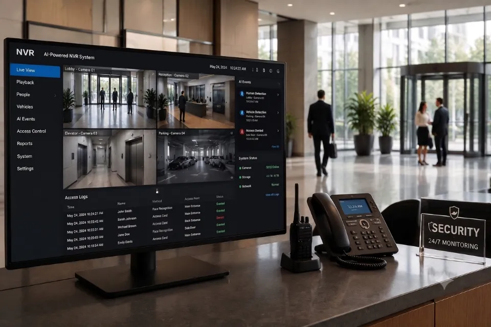 AI-powered NVR surveillance system analyzing live video feeds with access control integration