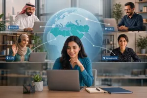 Business team managing remote employees across multiple MENA countries using digital HR technology