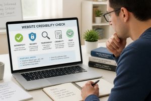 Online researcher evaluating website credibility using digital tools, source verification, and content analysis framework