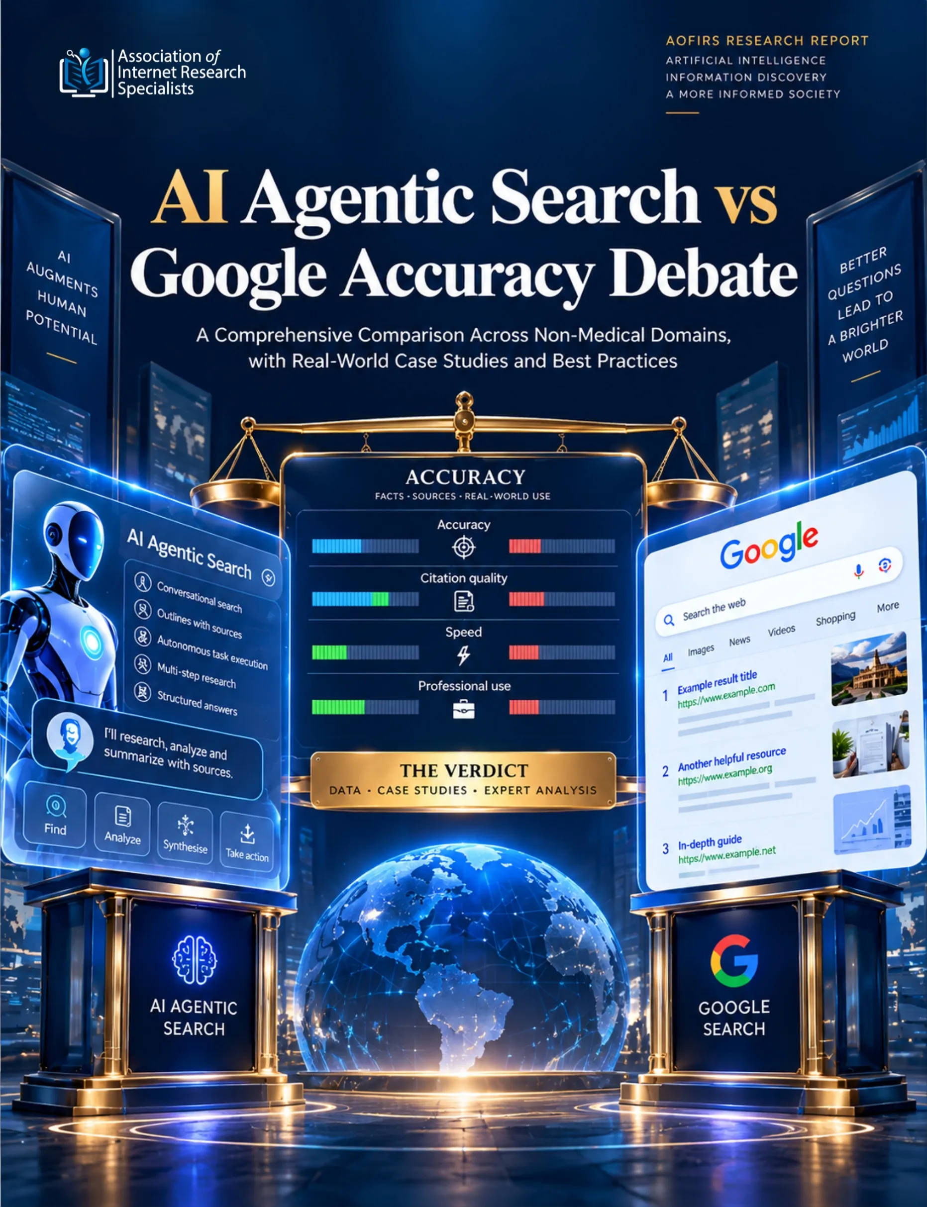 Cover page of AI Agentic Search vs Google Accuracy Debate non-medical research report showing comparison between AI-powered search and Google search accuracy.