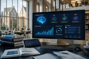 Higher education AI search optimization concept with university data and AI discovery tools