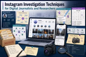 Digital journalist analyzing Instagram posts using OSINT investigation techniques and online research methods