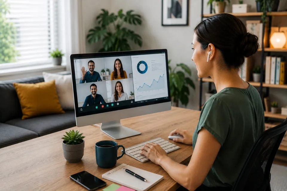 Remote worker using fiber optic internet for video meetings cloud work and online collaboration at home