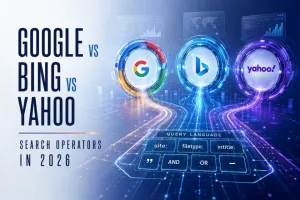Comparison of Google, Bing, and Yahoo search engines showing differences in search technology, features, and user experience
