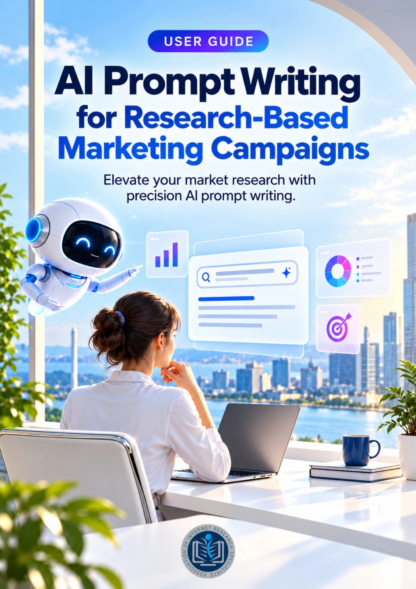 AI Prompt Writing for Marketing Campaigns guide cover with a researcher, an AI assistant and floating prompt and analytics panels.