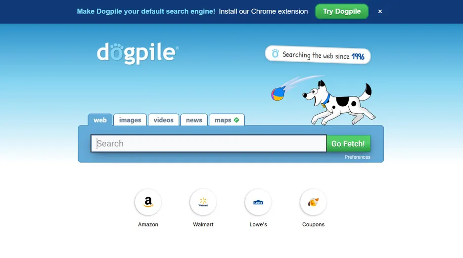 Dogpile search engine homepage interface showing search categories and the Go Fetch search box