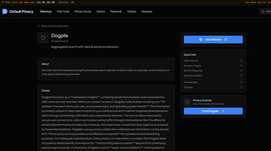Independent privacy directory assessment of Dogpile describing data collection and advertising personalization