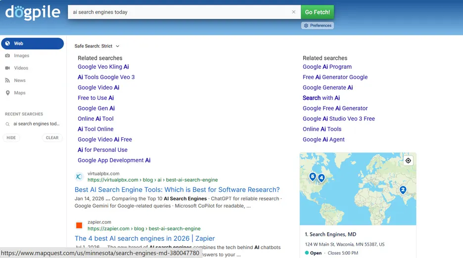 Dogpile search results page for an AI search engines query showing related searches, web results, and a map panel